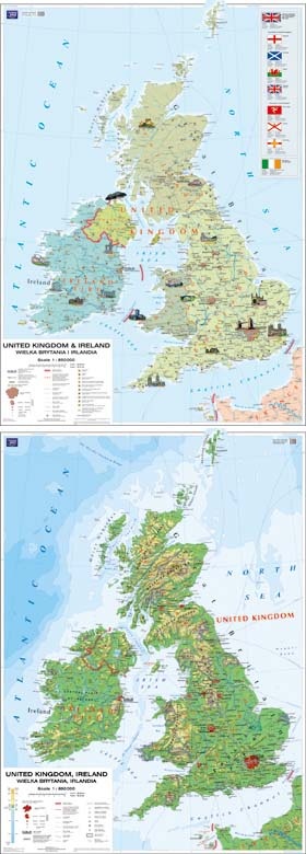 Język angielski - mapa fizyczno - polityczna (Wielka Brytania i Irlandia)