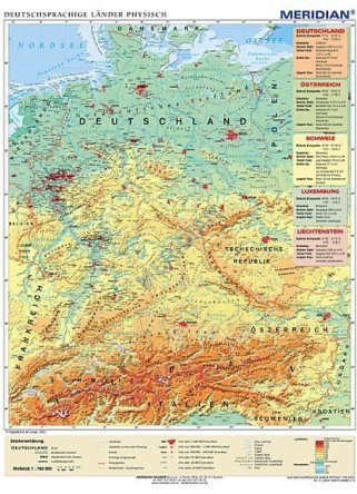 Język niemiecki -  mapa fizyczna (kraje niemieckojęzyczne)