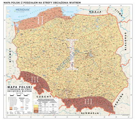 Mapa Polski z podziałem na strefy obciążenia wiatrem - mapa ścienna